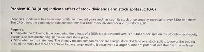  help asap Problem 10-3A (Algo) Indicate effect of stock dividends and