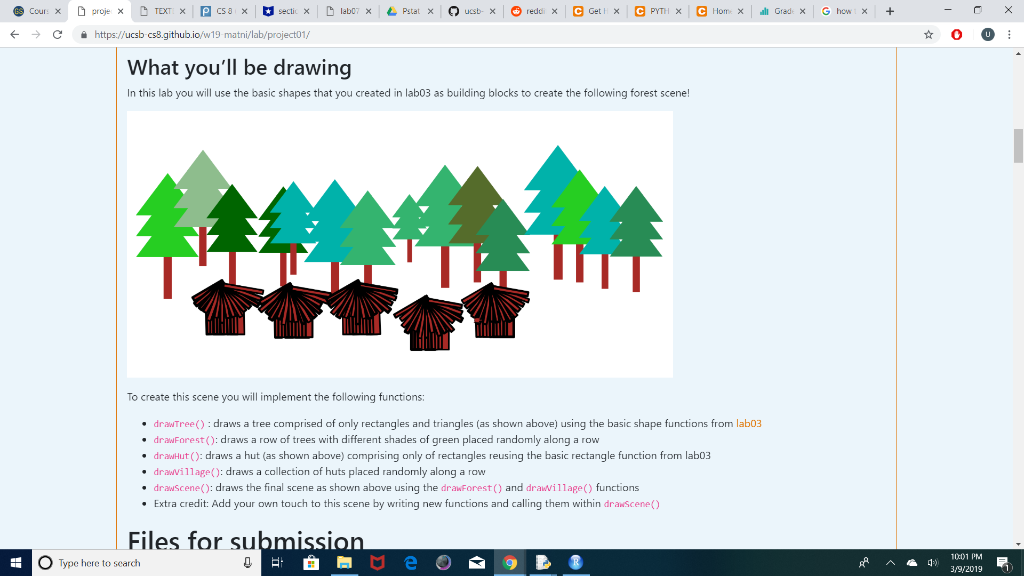 scene as shown above using the drawForest() and drawVillage() functions functions from