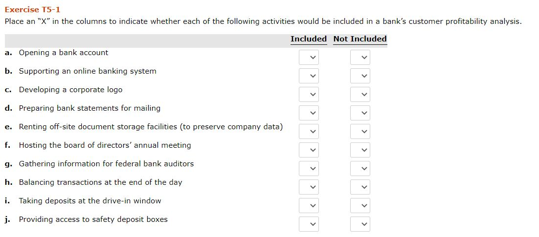 Exercise 15-1 Place an "X" in the columns to indicate whether