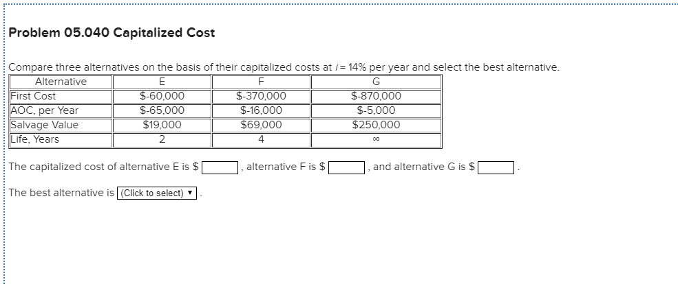  Problem 05.040 Capitalized Cost Compare three alternatives on the basis of