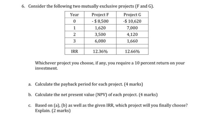  6. Consider the following two mutually exclusive projects (F and G).