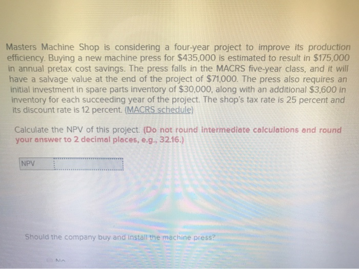  Masters Machine Shop is considering a four-year project to improve its