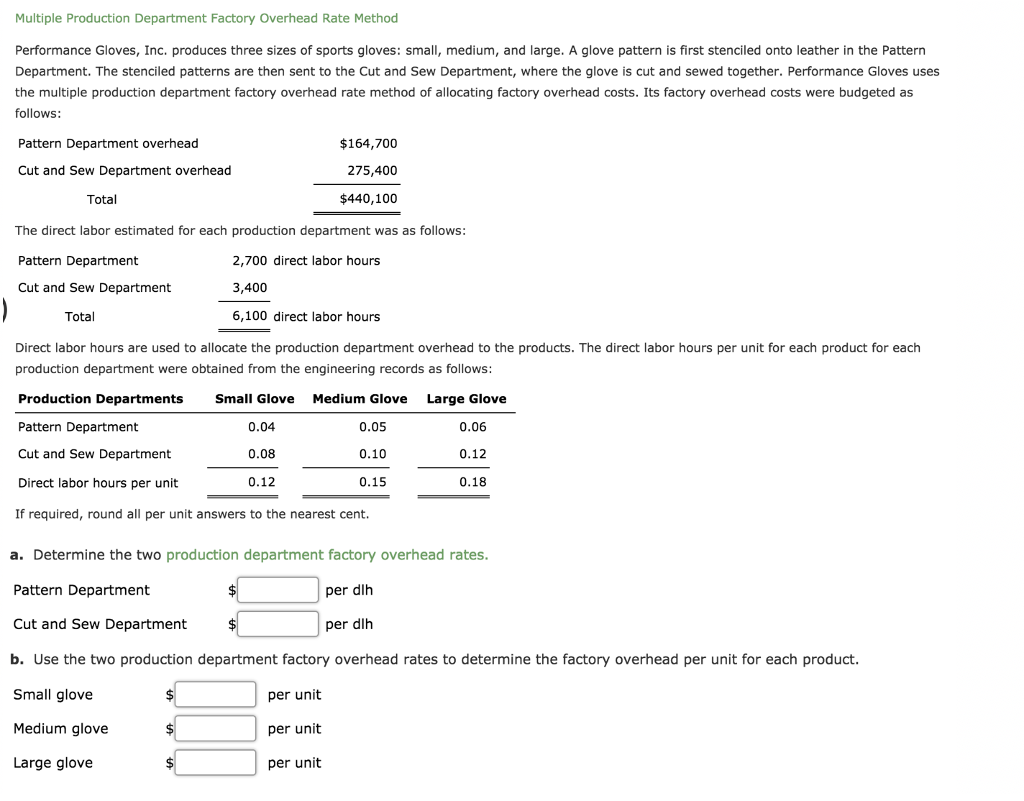  Multiple Production Department Factory Overhead Rate Method Performance Gloves, Inc. produces
