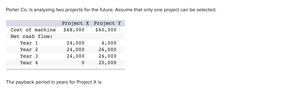  Porter Co. is analyzing two projects for the future. Assume that