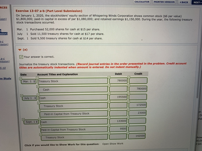  CALCULATOR PRINTER VERSIONBACK NEXT RCES Exercise 13-07 a-b (Part Level Submission)