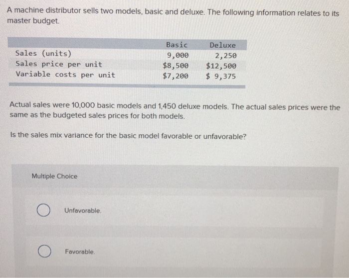  A machine distributor sells two models, basic and deluxe. The following