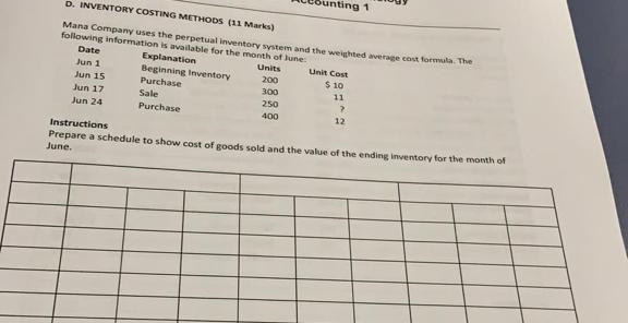  m ounting 1 D. INVENTORY COSTING METHODS (11 Marks) Mana Company