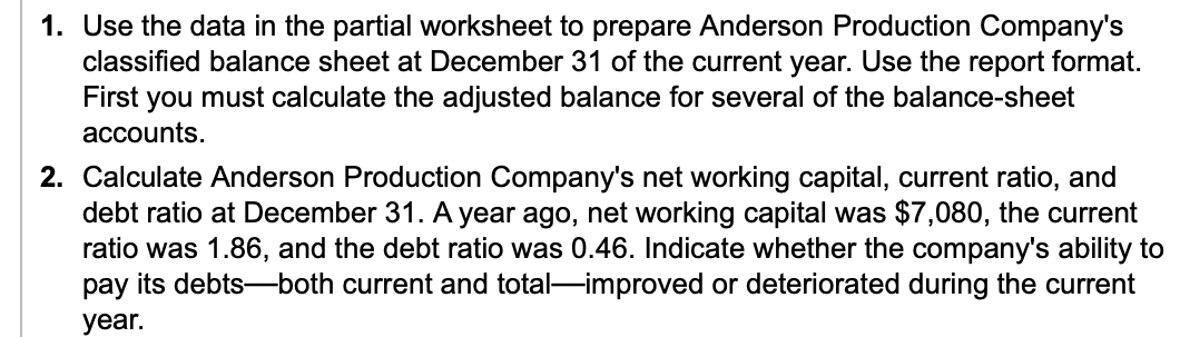 Production Company's classified balance sheet at December 31 of the current year.