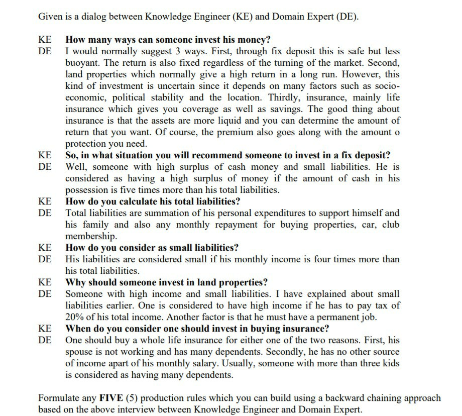 Given is a dialog between Knowledge Engineer (KE) and Domain Expert