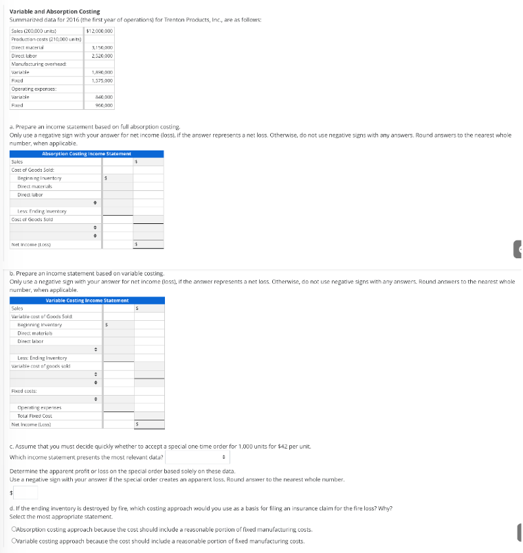 kpp group Variable and Absorption Costing Summarized data for 2016 (the first