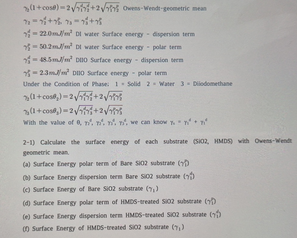  2(1+cos)=21d2d2+21p2p2 Owens-Wendt-geometric mean 2=2d+2p,3=3d+3p 2d=22.0mJm2 DI water Surface energy - dispersion