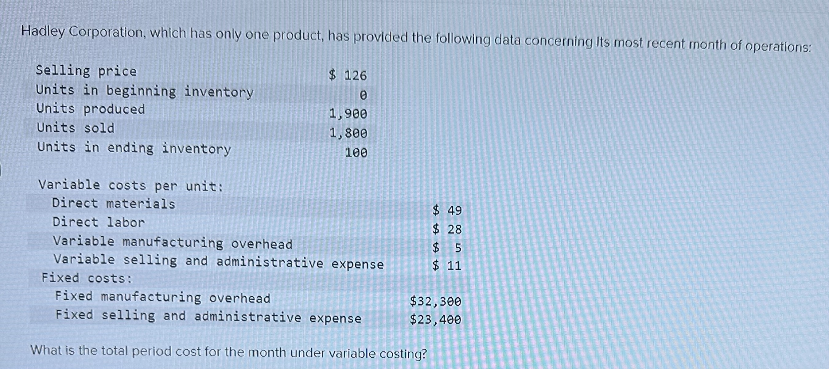 Please help and show work Hadley Corporation, which has only one product,