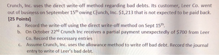 Crunch, Inc. uses the direct write-off method regarding bad debts. Its