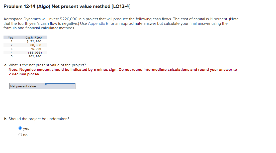  Problem 12-14 (Algo) Net present value method [LO12-4] Aerospace Dynamics will