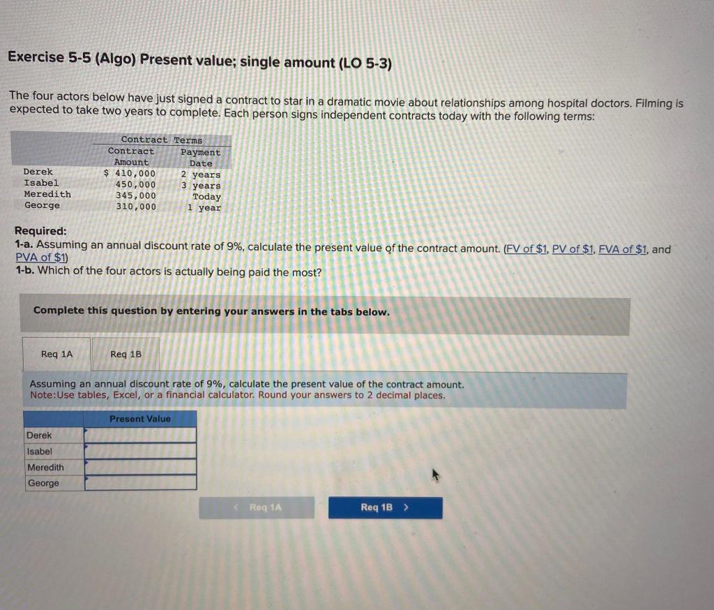 Exercise 5-5 (Algo) Present value; single amount (LO 5-3) The four