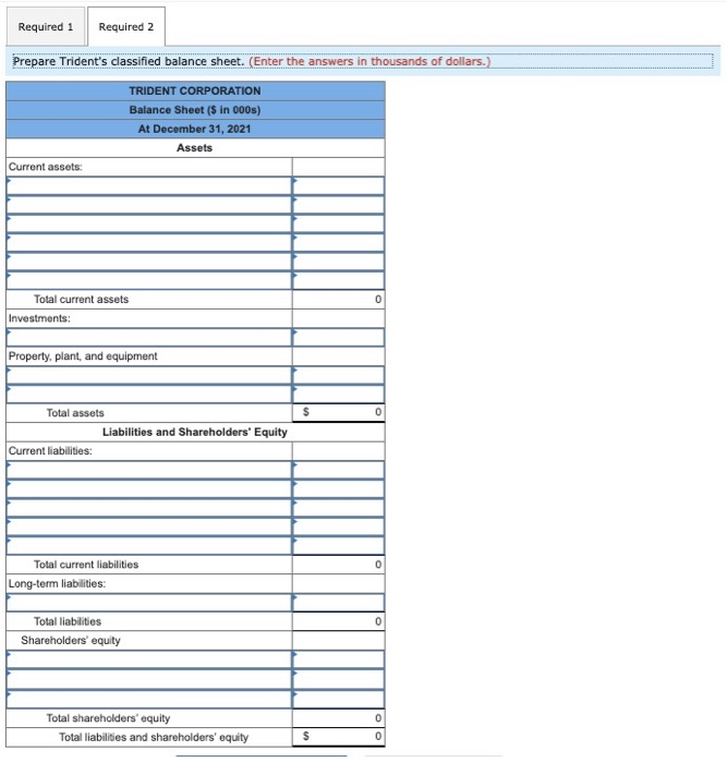 Trident Corporation at December 31, 2021. Required: 1. Determine the missing amounts.