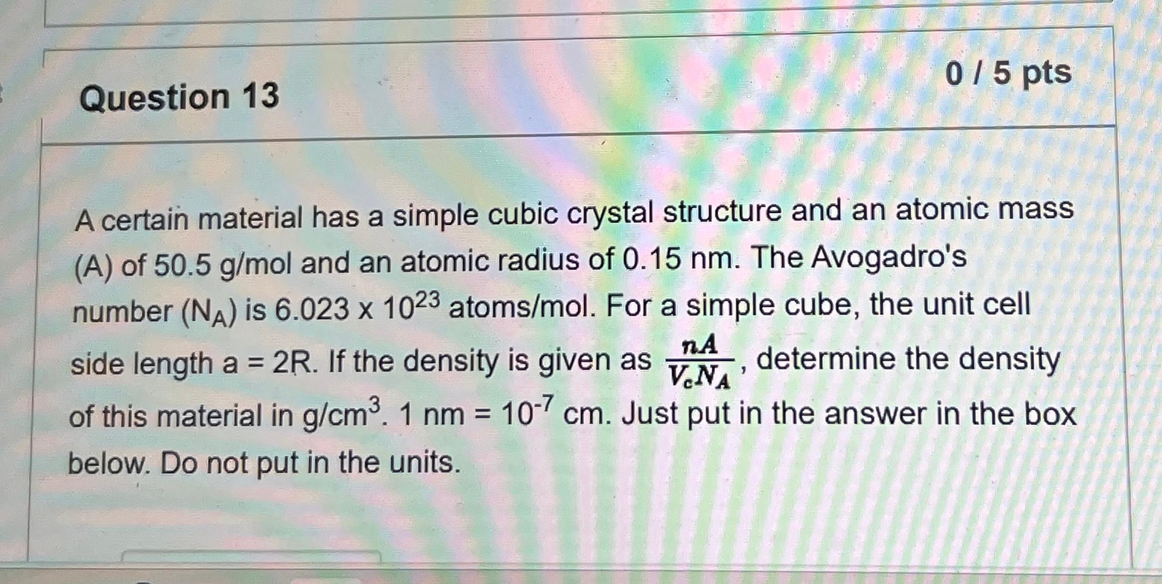  A certain material has a simple cubic crystal structure and an