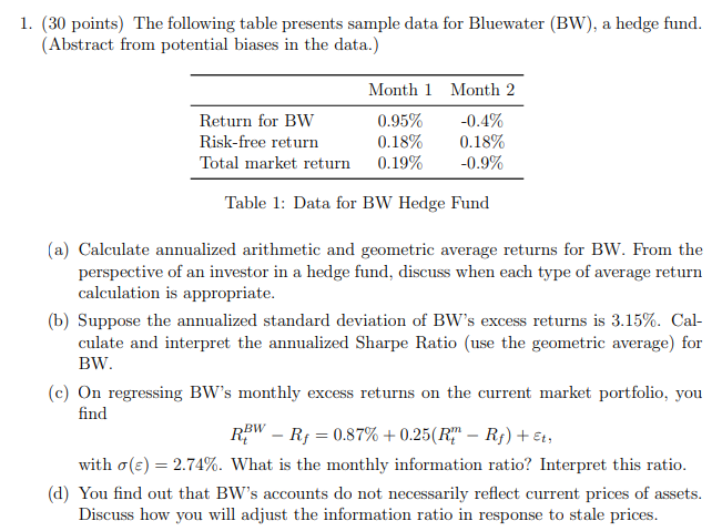  1. (30 points) The following table presents sample data for Bluewater