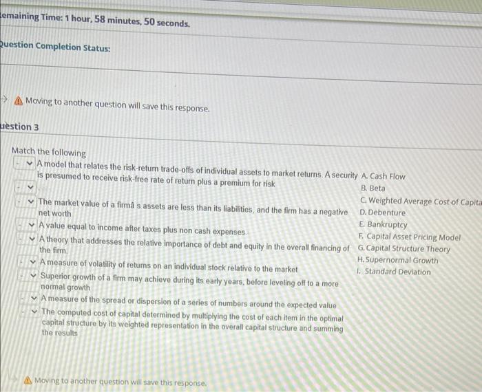  emaining Time: 1 hour, 58 minutes, 50 seconds. Question Completion Status: