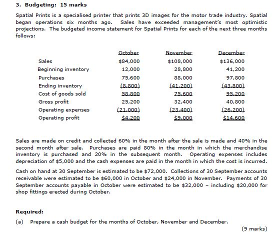 3. Budgeting: 15 mark:s Spatial Prints is a specialised printer that