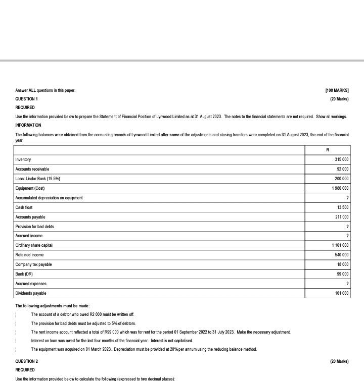 (20 Marks) REQUIRED Use the information provided bebw to prepare the Statement