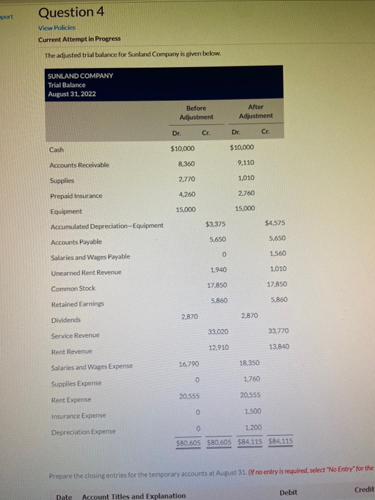  oport Question 4 View Policies Current Attempt in Progress The adjusted