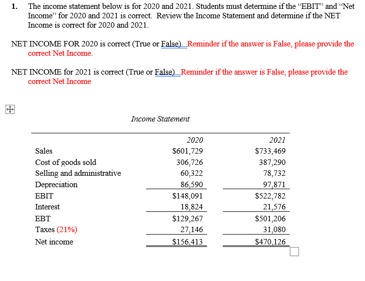 The income statement below is for 2020 and 2021. Students must
