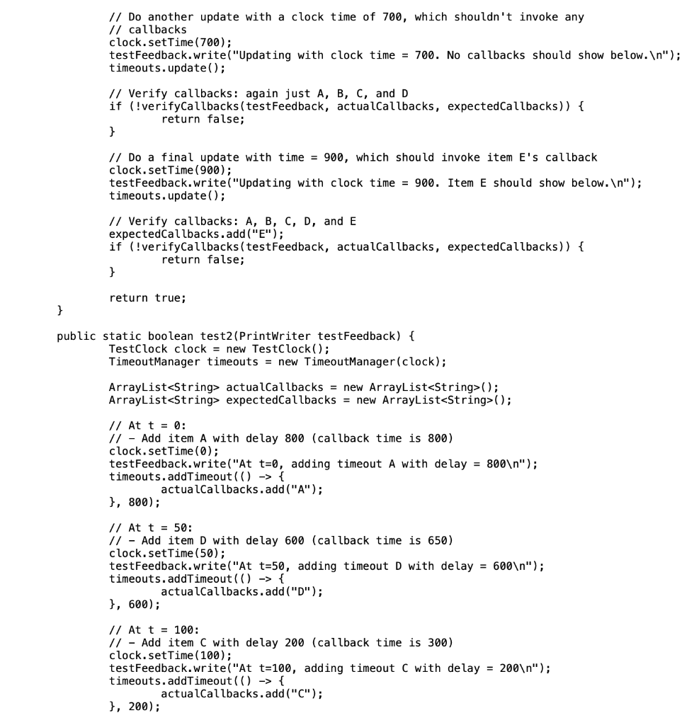 of timeout items, each a (callback method, callback time) pair. Each callback