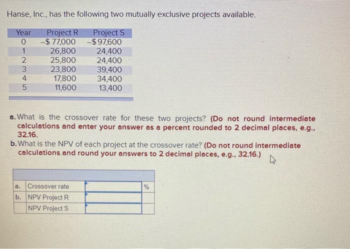  Hanse, Inc., has the following two mutually exclusive projects available. a.