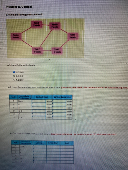  Problem 15-9 (Algo) Given the following project network: TA 3-1. Identify