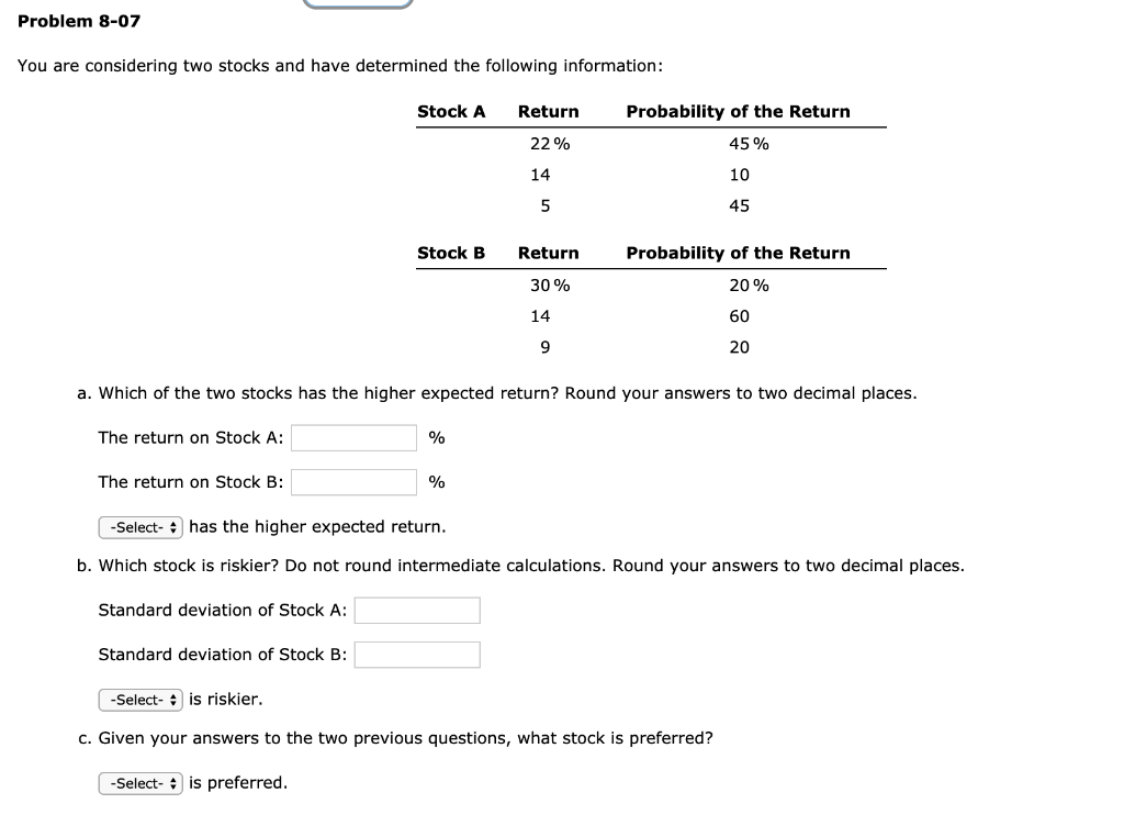 Problem 8-07 You are considering two stocks and have determined the