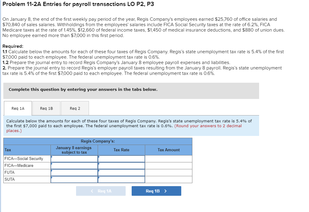 Problem 11-2A Entries for payroll transactions LO P2, P3 On January 8,