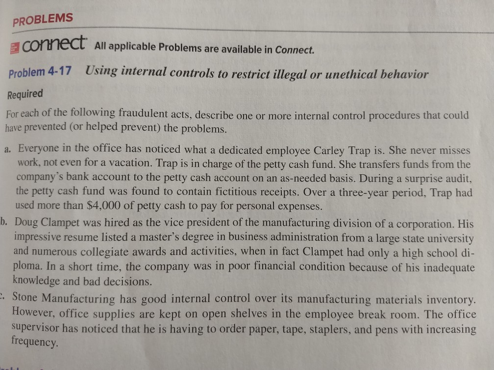  PROBLEMS connect All applicable Problems are available in Connect. Problem 4-17