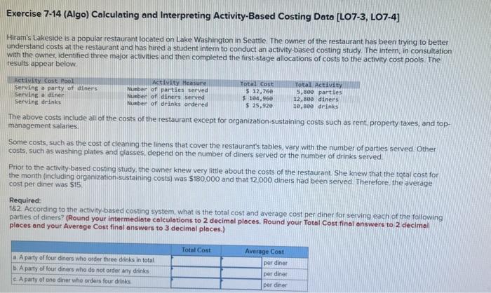  Exercise 7-14 (Algo) Calculating and Interpreting Activity-Based Costing Data [LO7-3, LO7-4]