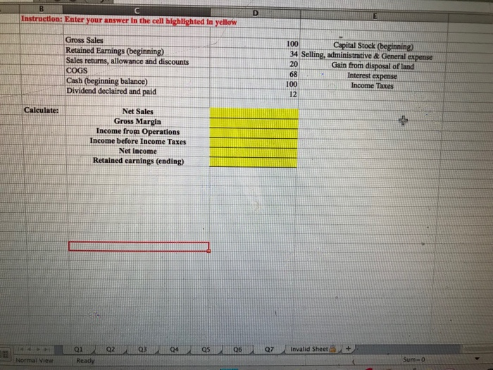  E Instruction: Enter your answer In the cell highlighted in yellow