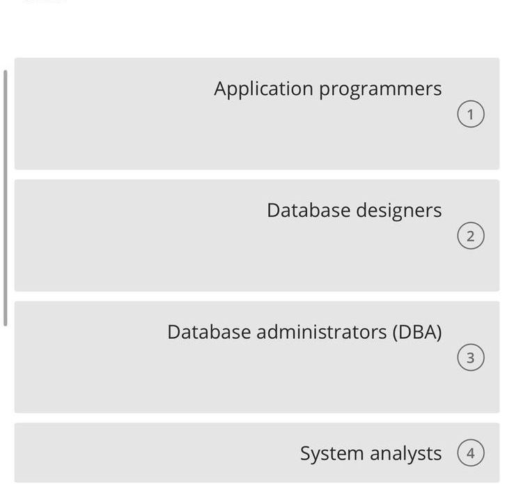  Application programmers Database designers Database administrators (DBA) System analysts 