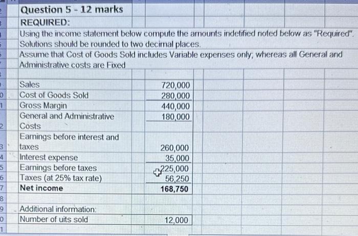  Using the income statement below compute the amounts indetified noted below