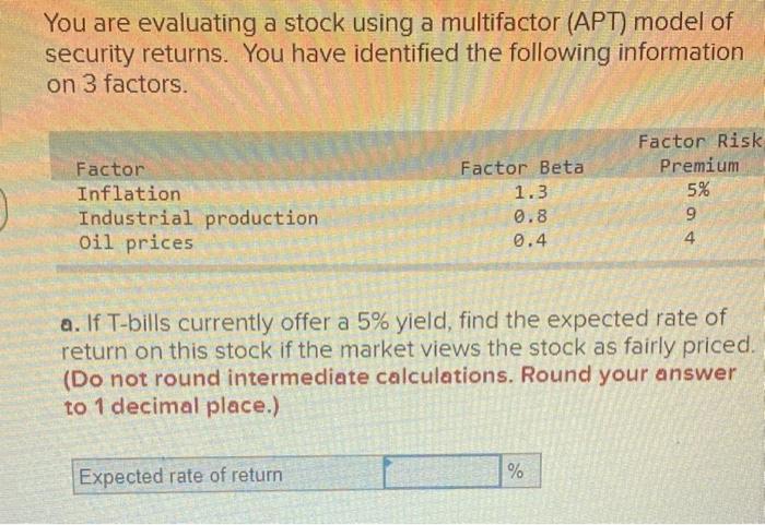  You are evaluating a stock using a multifactor (APT) model of