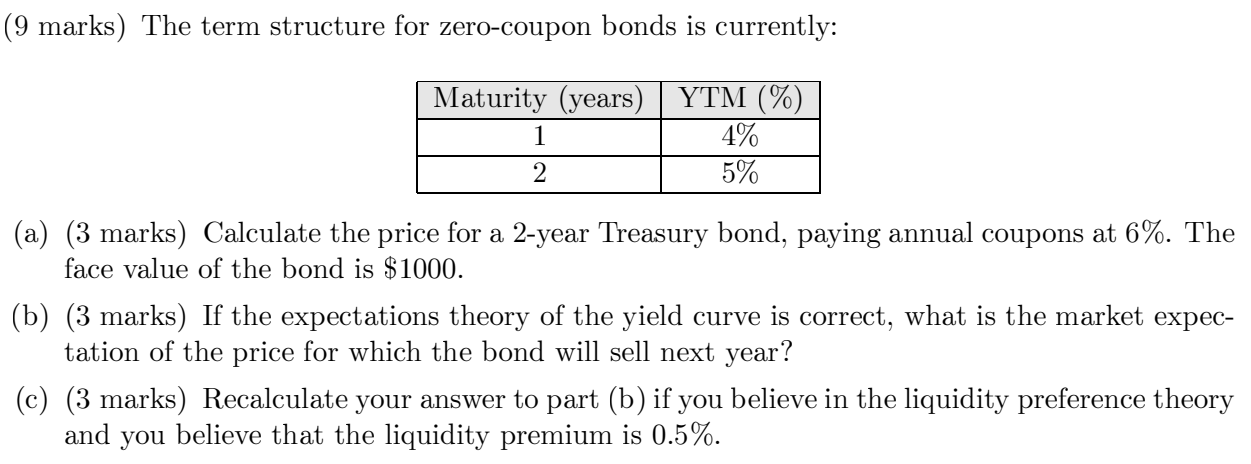  (9 marks) The term structure for zero-coupon bonds is currently: Maturity