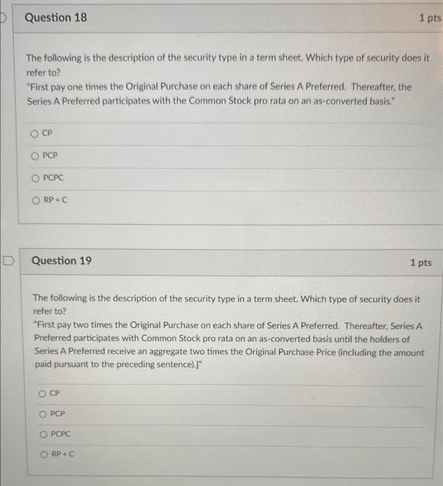 of the security type in a term sheet. Which type of security