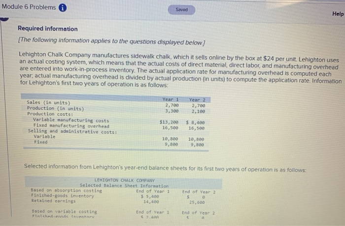  Module 6 Problems Savod Help Required information [The following information applies