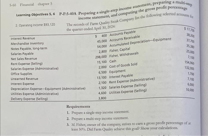  5-66 Financial chapter 5 Learning objectives 5,6 P-F:5-40A Preparing a single-step