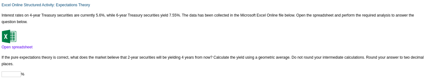Excel Online Structured Activity: Expectations Theory Interest rates on 4-year Treasury