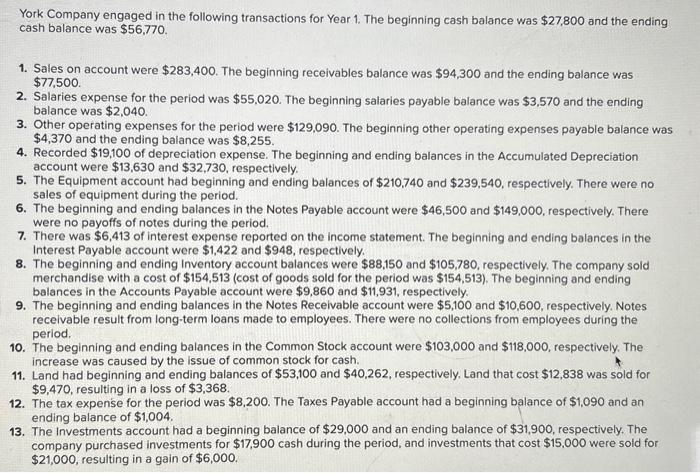 please help with statement of cash flows using the direct method!! York