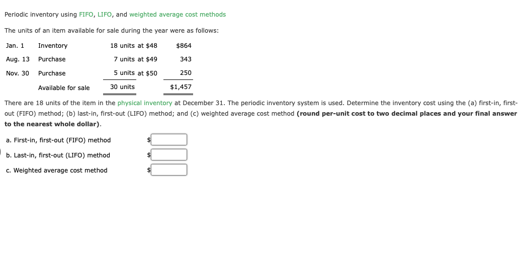  Periodic inventory using FIFO, LIFO, and weighted average cost methods The
