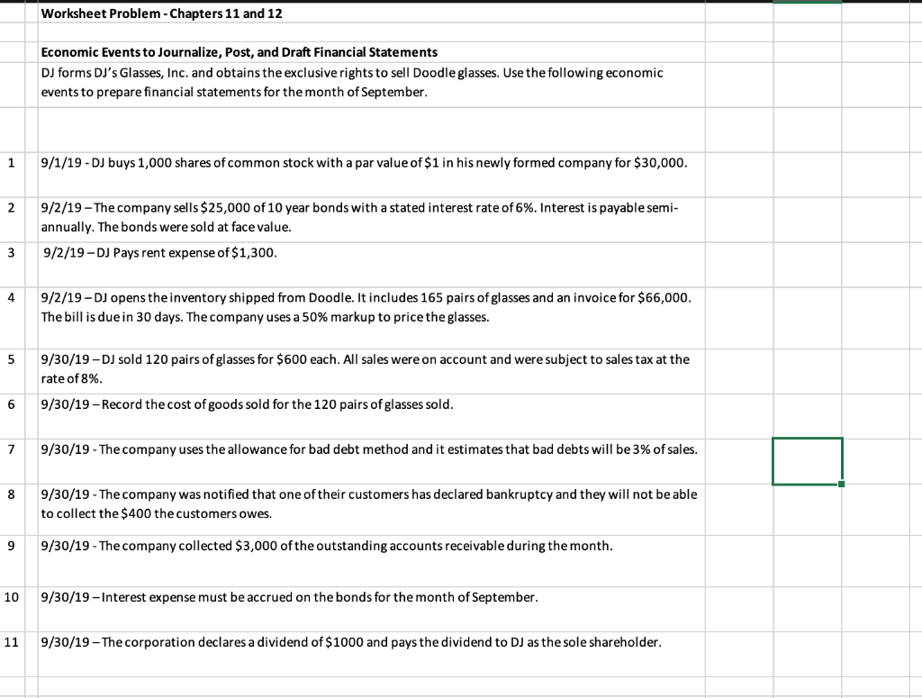 Worksheet Problem - Chapters 11 and 12 Economic Events to Journalize,