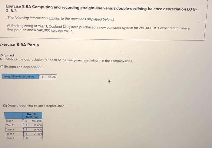  Exercise 8-9A Computing and recording straight-line versus double-declining-balance depreciation LO 8.