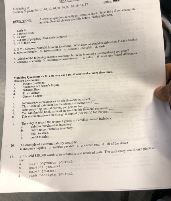  Spring, Accounting 11 Common Segment for 01, 02, 03, 04, 05,