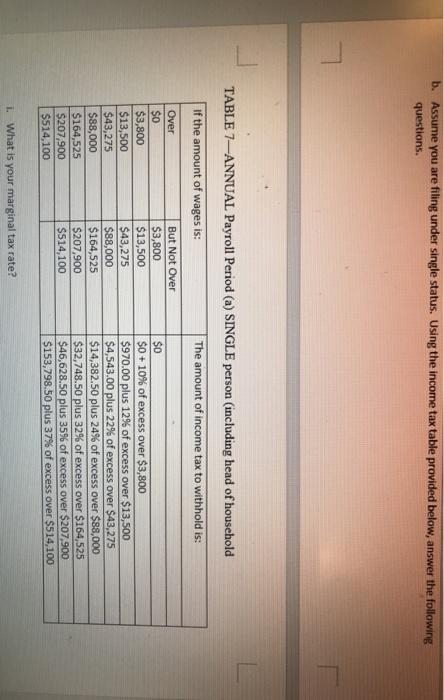  b. Assume you are filing under single status. Using the income