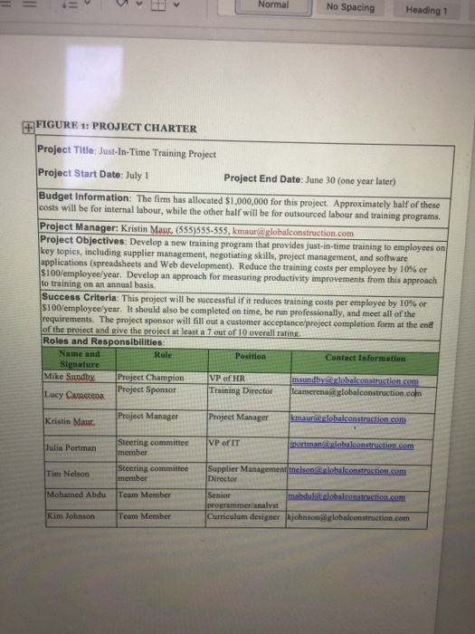  please answer section 2 based on figure 1 project charter =